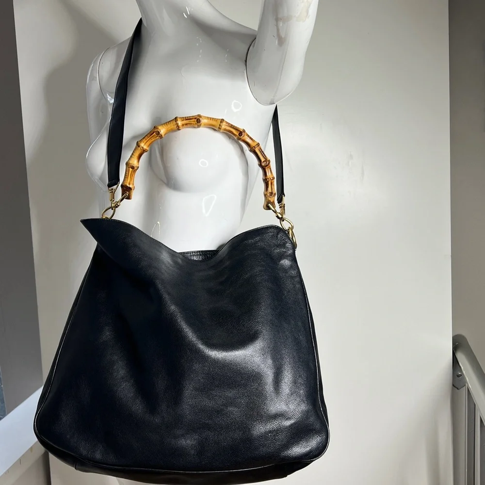 Gucci Black Leather Curved Bamboo Handle Leather Strap Crossbody Bag - Picture 2 of 11